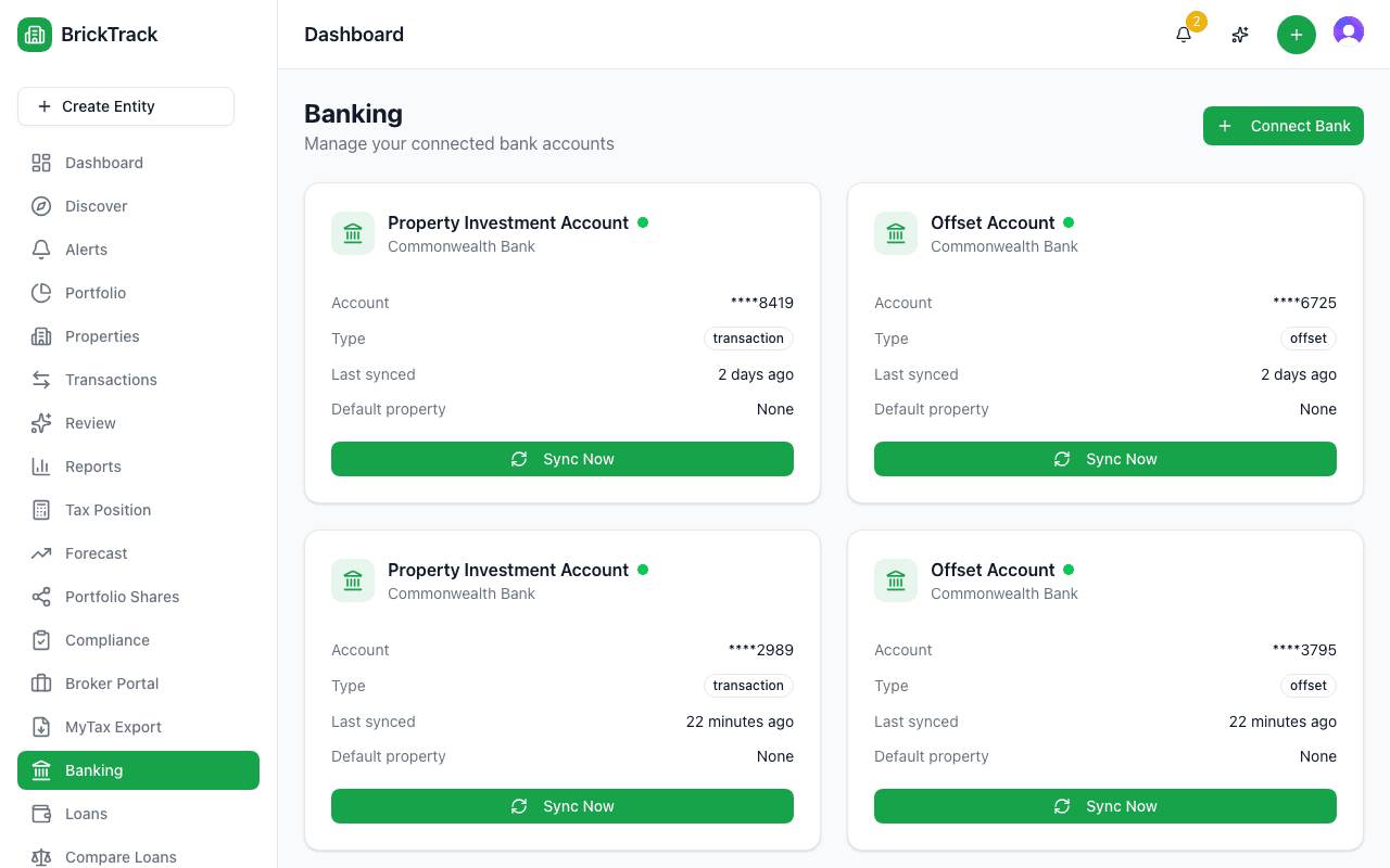 BrickTrack banking page showing connected bank accounts with Commonwealth Bank transaction and offset accounts