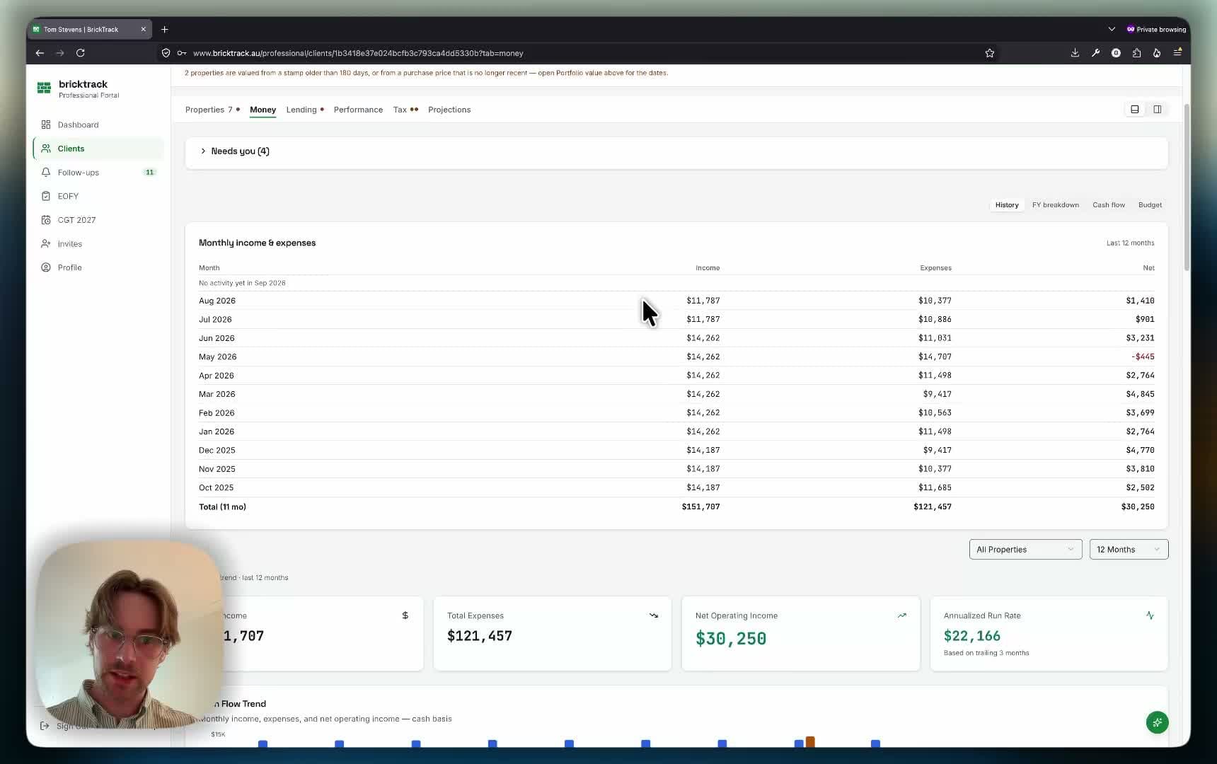 BrickTrack professional portal showing a client's portfolio, income and expenses
